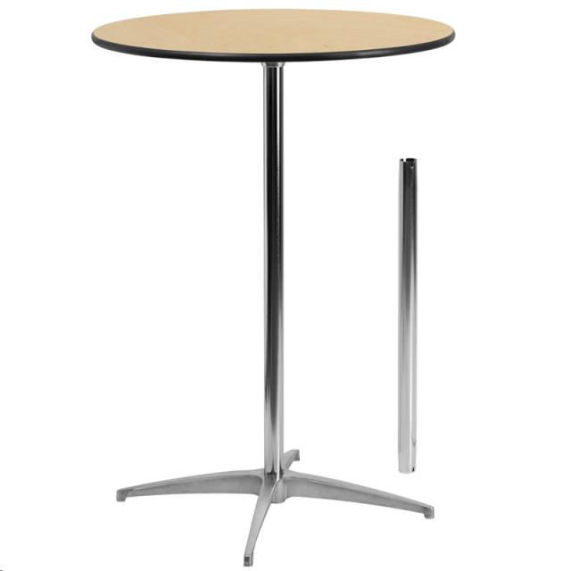 30-inch round highboy cocktail table with chrome base, available to rent in Atlanta, Georgia
