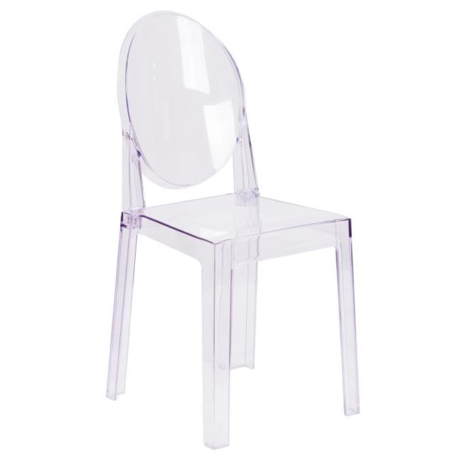 Clear acrylic ghost chair with an oval cutout back, available to rent in Atlanta, Georgia