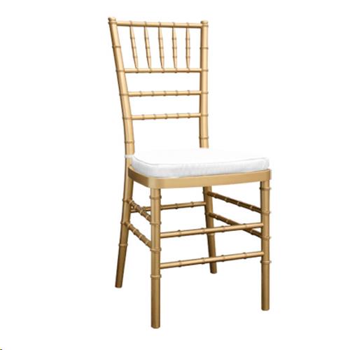 Gold Chiavari chair with a white Velcro hard-back cushion, available to rent in Atlanta, Georgia